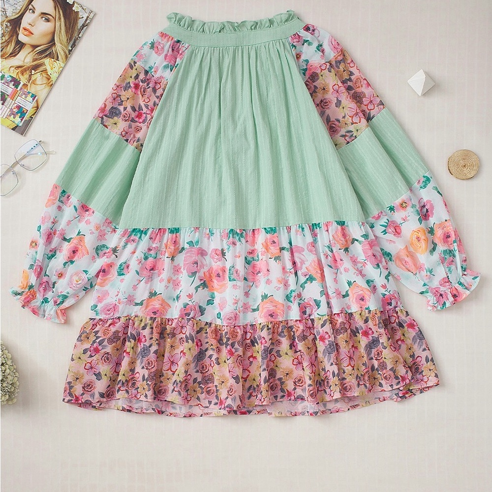 Green Printed Floral Patchwork Frilled Split
Neck Blouse Bohemian Top - Picture 4 of 16